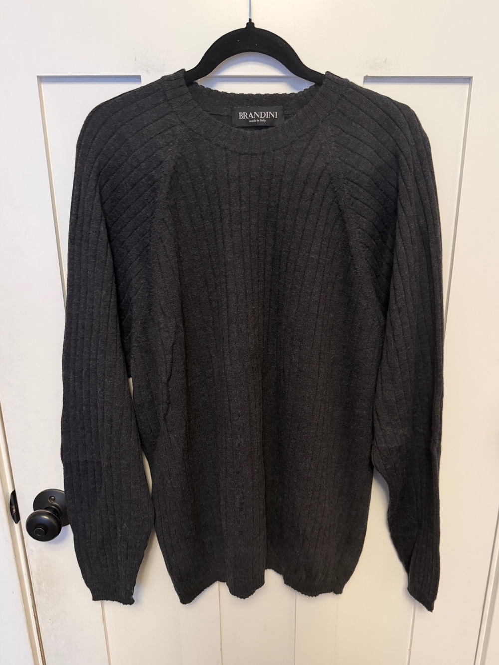 Brandini Men’s dark gray, ribbed crewneck knit sweater made in Italy 100% Wool